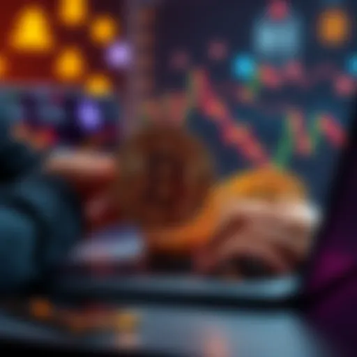 A user swapping Bitcoin on a decentralized exchange platform with a laptop and cryptocurrency icons in the background.