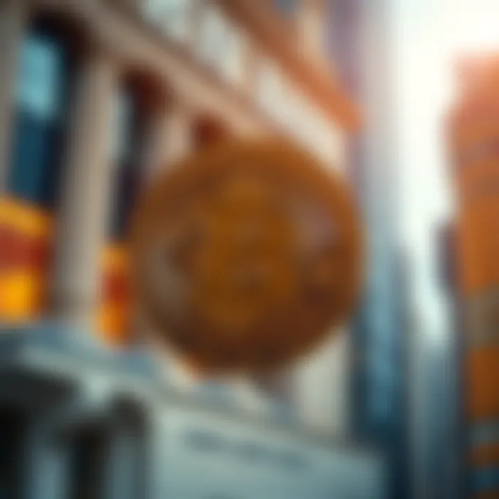 A Bitcoin symbol in focus with traditional bank buildings blurred behind it, illustrating the contrast between cryptocurrency and traditional finance.