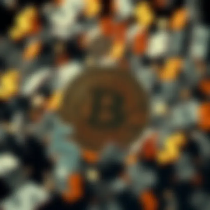 A Bitcoin symbol surrounded by floating dollar signs, symbolizing the connection between cryptocurrency and traditional money.