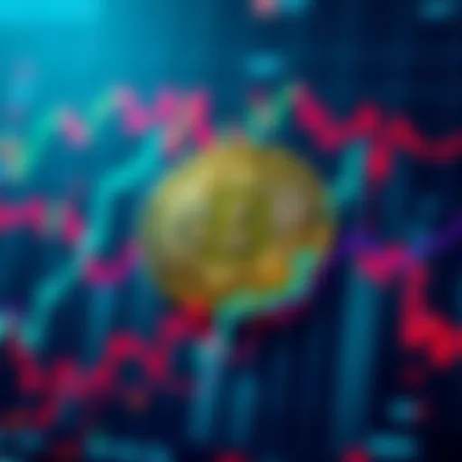 A Bitcoin symbol surrounded by rising financial charts, representing its market value and challenge to traditional currency