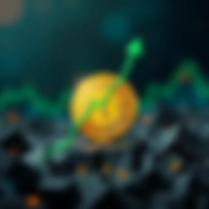 A golden Bitcoin symbol with a green graph arrow rising upwards, symbolizing financial growth and independence.