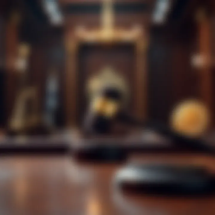 A courtroom scene with a gavel and Bitcoin symbols, representing the Australian court ruling on cryptocurrency taxation and potential tax refunds.