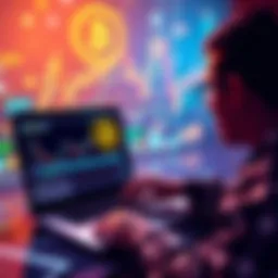 A person using a laptop to trade Bitcoin on the BitMart platform, with cryptocurrency graphics in the background.