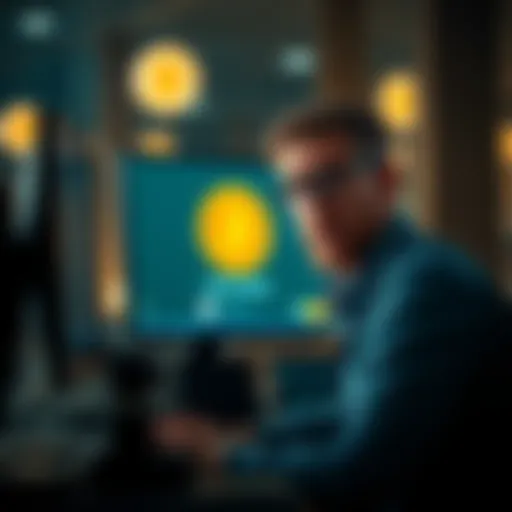 A worried small business owner looking at a computer screen displaying a bitcoin transaction warning, showing signs of concern and confusion.