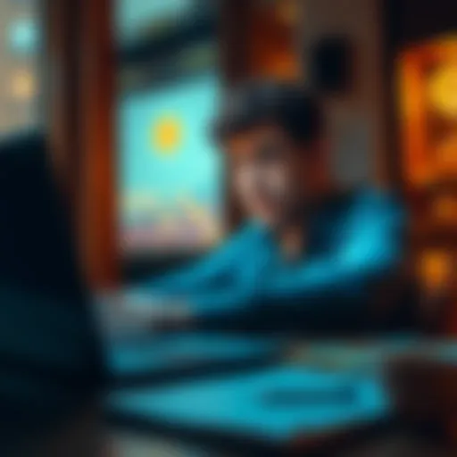 A person looking frustrated while checking Bitcoin sales on a laptop, showing a graph with declining values