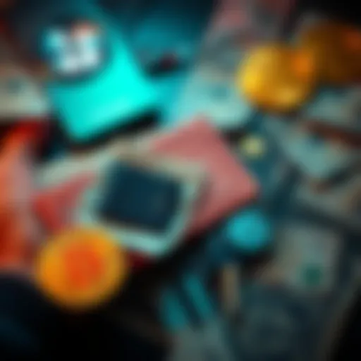 A person using a paper wallet to conduct a Bitcoin transaction offline, surrounded by physical currency and private keys.