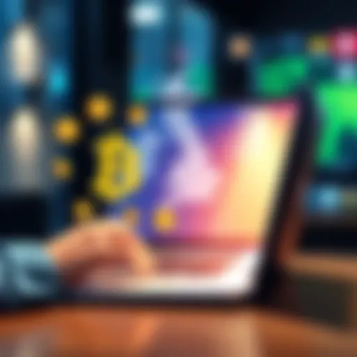 A person using a laptop to send Bitcoin to a UK address, with a graphic of Bitcoin symbols and a map of the UK in the background.