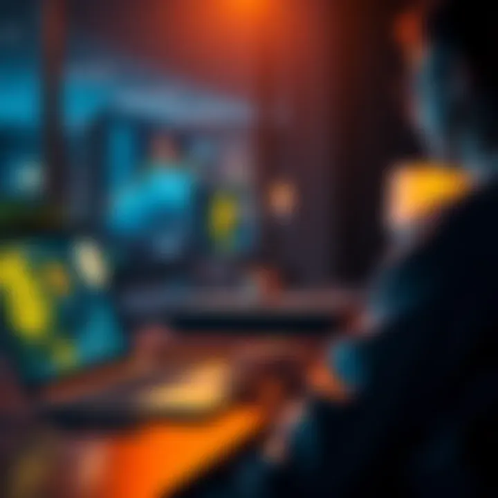 A person watching a video tutorial on how to buy Bitcoin and set up a digital wallet, with a laptop and Bitcoin symbols displayed.