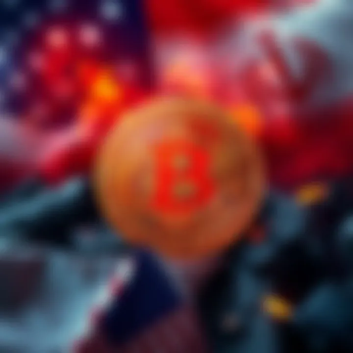 Bitcoin symbol with a background of the US flag and conflict imagery