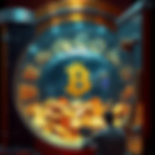 A visual representation of a vault filled with Bitcoin coins, symbolizing wealth concentrated among a few. The scene contrasts the riches inside with a distant view of a crowded street of people looking on, highlighting the divide between the elite and the masses.