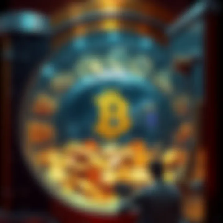 A visual representation of a vault filled with Bitcoin coins, symbolizing wealth concentrated among a few. The scene contrasts the riches inside with a distant view of a crowded street of people looking on, highlighting the divide between the elite and the masses.