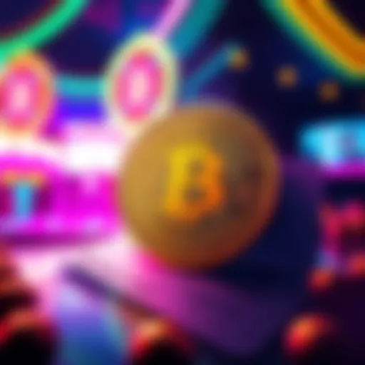 A promotional graphic showing two Bitcoin coins and tickets for a Vegas event, with vibrant colors and casino imagery in the background.
