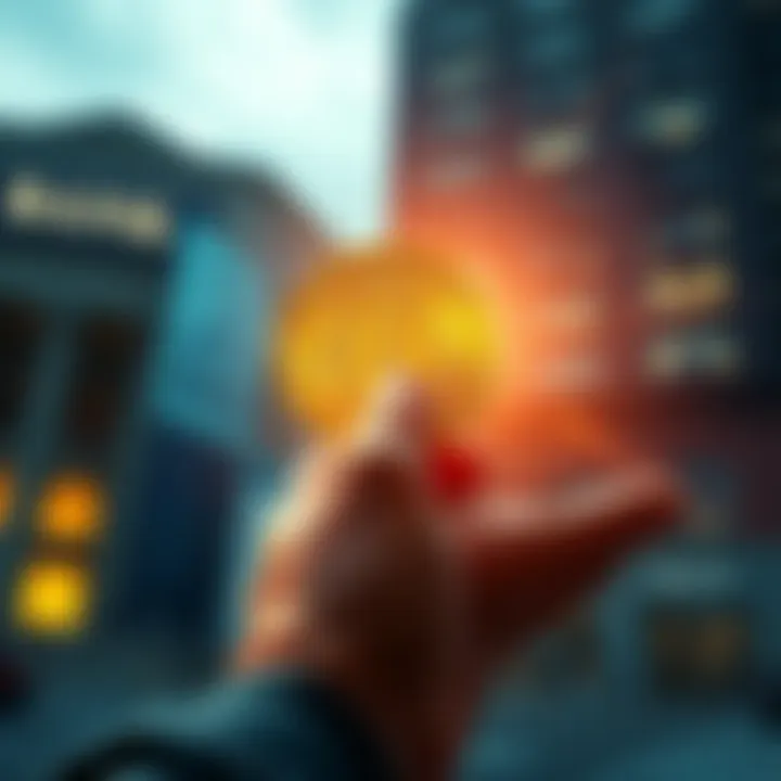 A person holding a Bitcoin in one hand and a bank building in the other, symbolizing the comparison between cryptocurrency and traditional banking.