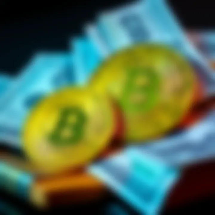A visual comparison of Bitcoin and cash with Bitcoin symbol and dollar bills