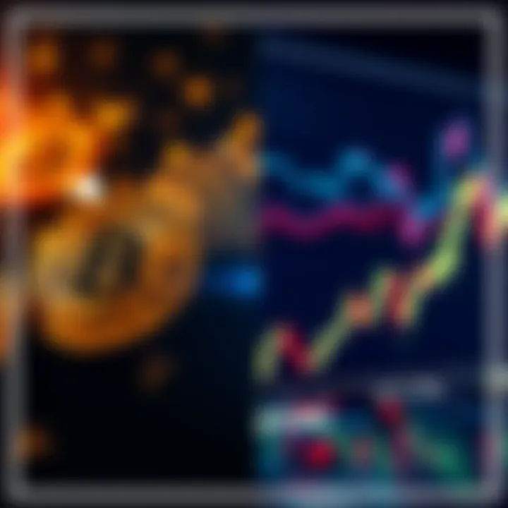 A split image showing Bitcoin symbols and a stock market graph representing the FTSE World index, illustrating investment options.