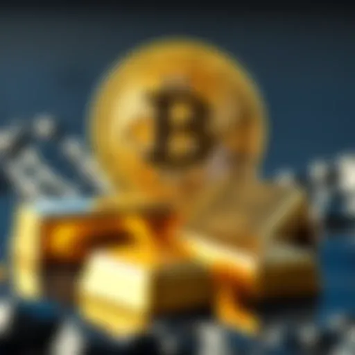 A visual comparison of Bitcoin and gold as investment options, showing a Bitcoin symbol alongside gold bars.