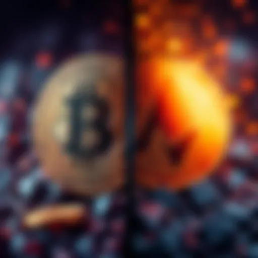 A split image showing Bitcoin symbols on one side and Monero symbols on the other, representing the rivalry over privacy in digital currencies.