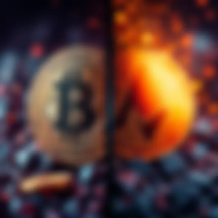 A split image showing Bitcoin symbols on one side and Monero symbols on the other, representing the rivalry over privacy in digital currencies.