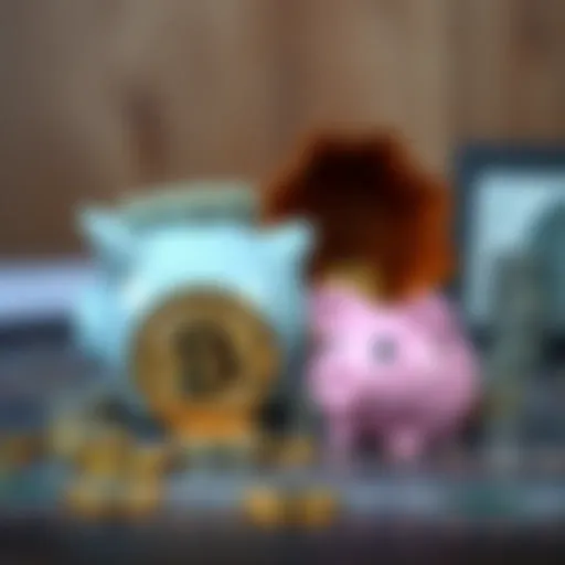 A visual comparison of Bitcoin coins next to a traditional piggy bank, symbolizing cryptocurrency against savings options.