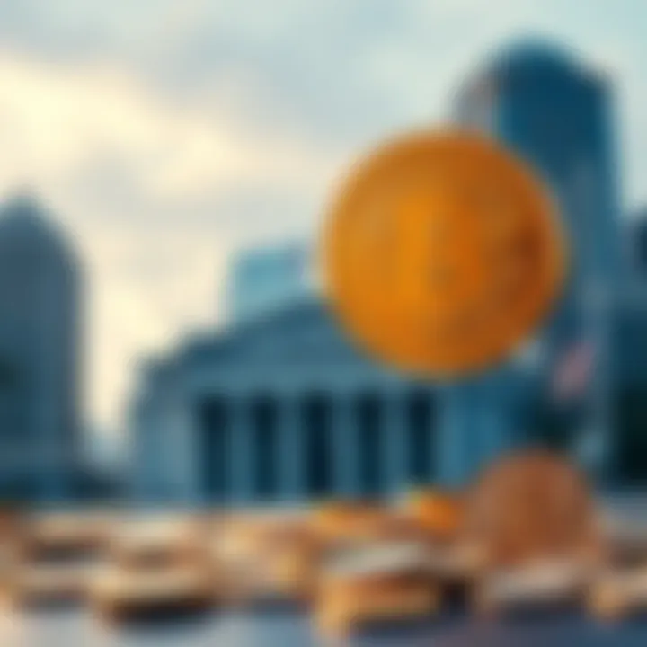 A visual representation of Bitcoin symbolizing its challenge to traditional banking systems with digital coins and bank buildings in the background.