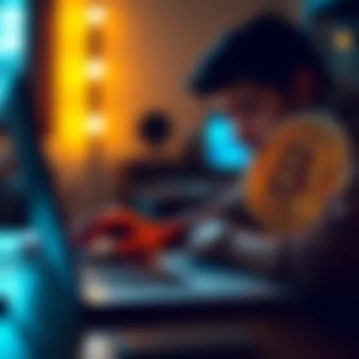 A person looking frustrated while trying to access a locked Bitcoin wallet on a laptop, with a Bitcoin logo visible on the screen.