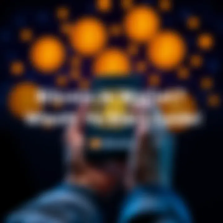 A person using a smartphone to set up a Bitcoin wallet, with Bitcoin symbols in the background