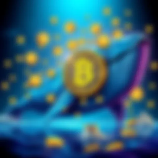 A large whale symbolically selling Bitcoin with dollar signs around it, representing a huge financial transaction.