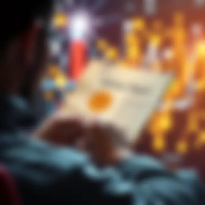 Person reading the Bitcoin white paper with digital graphics of cryptocurrency around