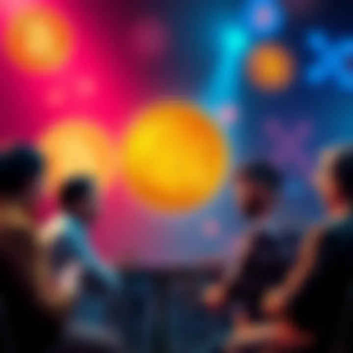 A group of people debating cryptocurrency, with Bitcoin logos and XRP symbols in the background, representing differing views on digital currencies.