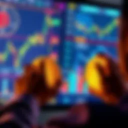 A person analyzing Bitcoin and XRP investment trends on a digital screen, with graphs and charts in the background.