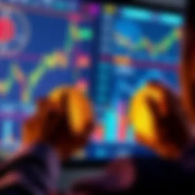 A person analyzing Bitcoin and XRP investment trends on a digital screen, with graphs and charts in the background.