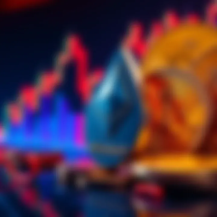 BitMine's logo beside a digital representation of Ethereum coins with a background of stock market decline graph