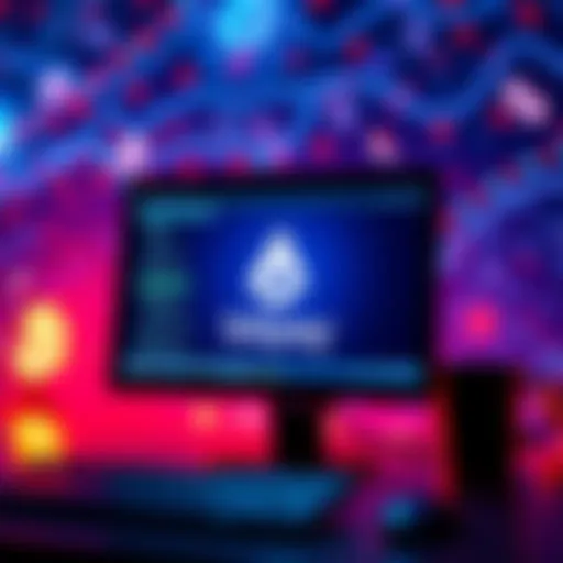 A graphic showing a computer screen with the Bitpay logo and a background of currency symbols, illustrating digital payments and transactions.