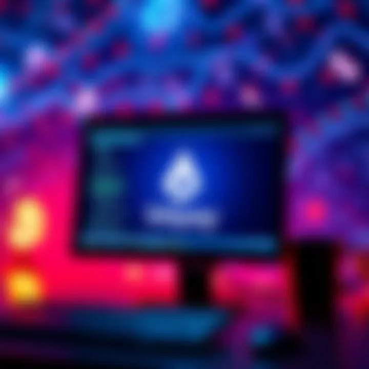 A graphic showing a computer screen with the Bitpay logo and a background of currency symbols, illustrating digital payments and transactions.