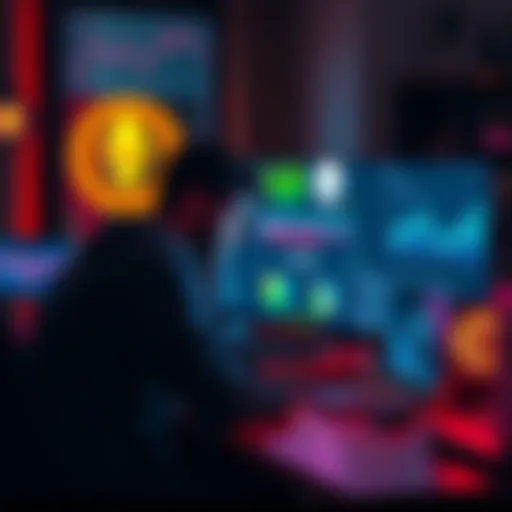 A person sitting at a desk with a laptop, coding Solidity for blockchain development, surrounded by Ethereum logos and charts on the screen.