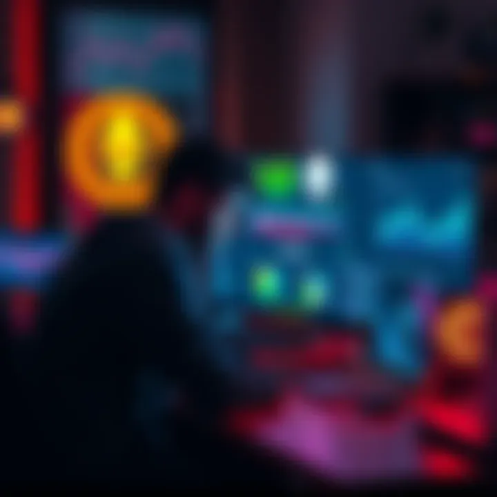 A person sitting at a desk with a laptop, coding Solidity for blockchain development, surrounded by Ethereum logos and charts on the screen.
