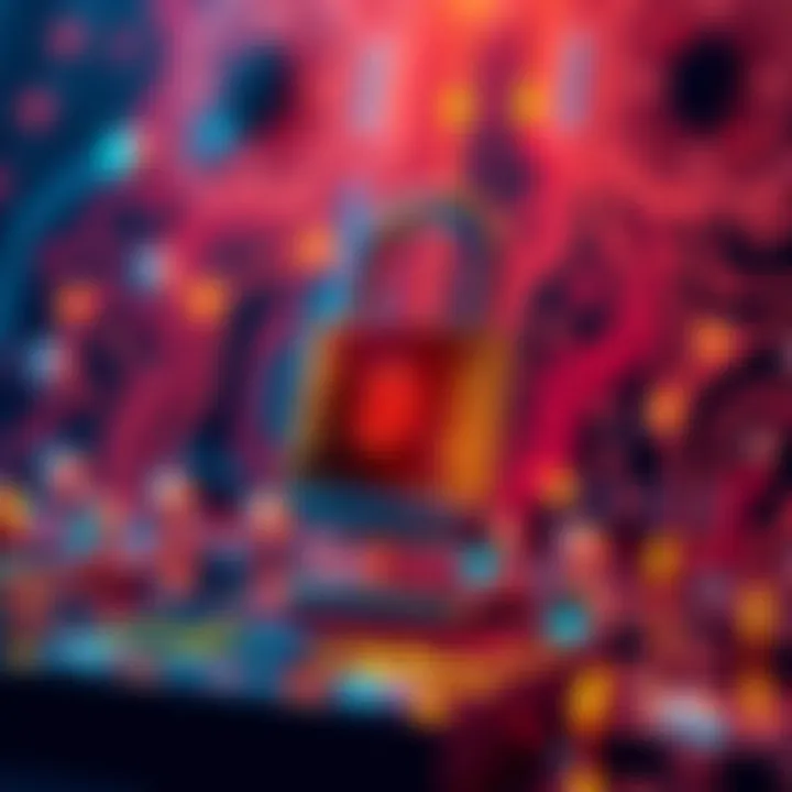 A visual representation of blockchain technology facing the challenge of quantum computing, showing a digital lock and quantum symbols.