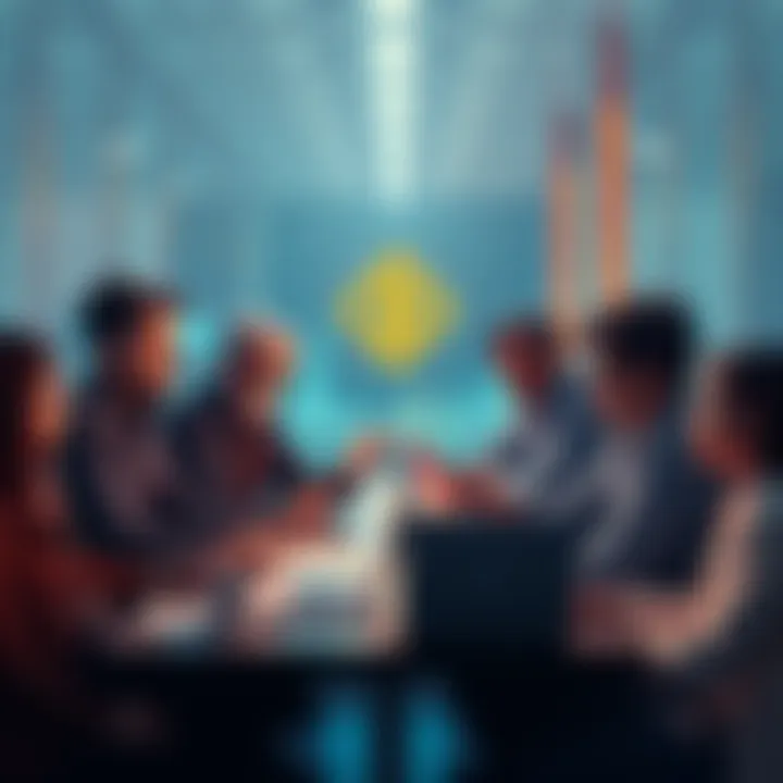 A group of people discussing the legitimacy of the BlockchainFX presale, with laptops and documents around