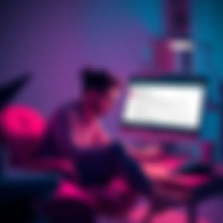 A frustrated user sitting in front of a laptop with a blocked funds notification on the screen, looking for help on forums
