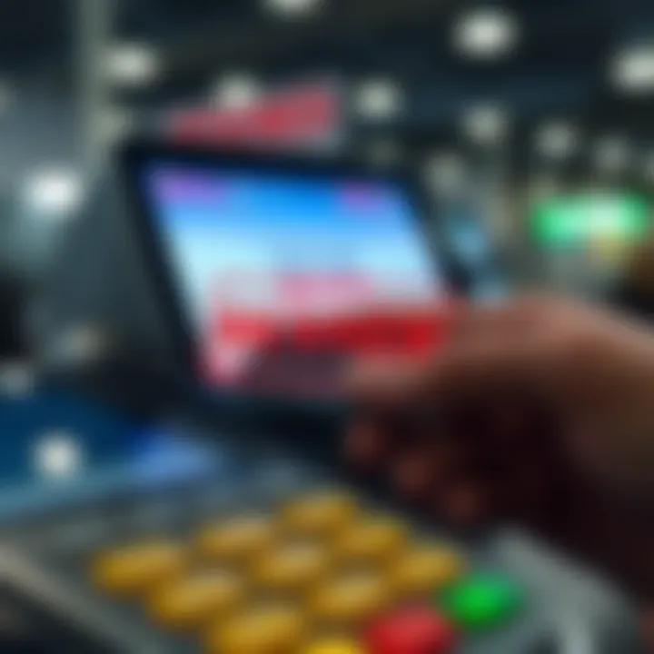 A close-up of a payment card being denied at a payment terminal, showcasing a frustrated person looking at the screen.
