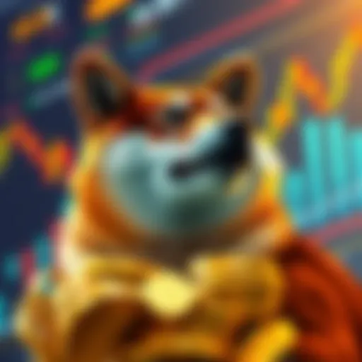 An investor holding a large stack of Shiba Inu tokens, surrounded by charts and graphs indicating market trends.