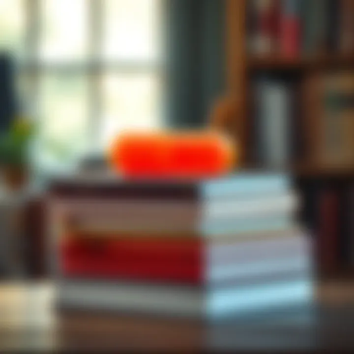 A stack of books with a bright orange pill resting on top, symbolizing new ideas and perspectives in reading.