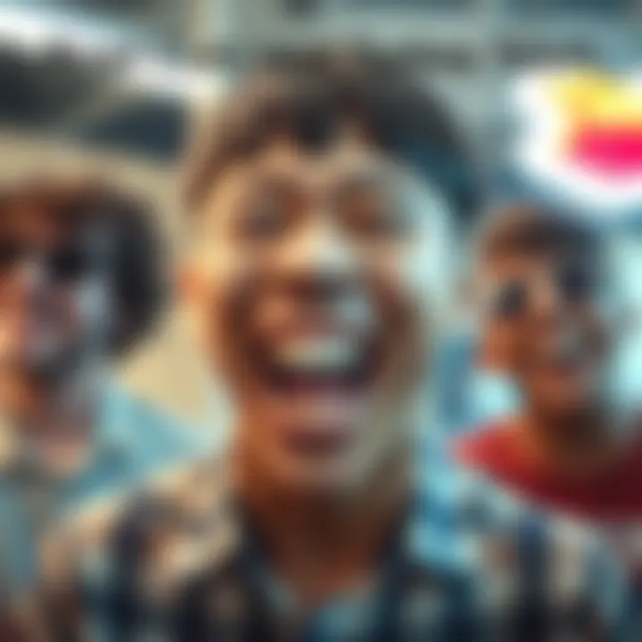 Person with a bowl cut hairstyle and turkey teeth, laughing and having fun with friends.
