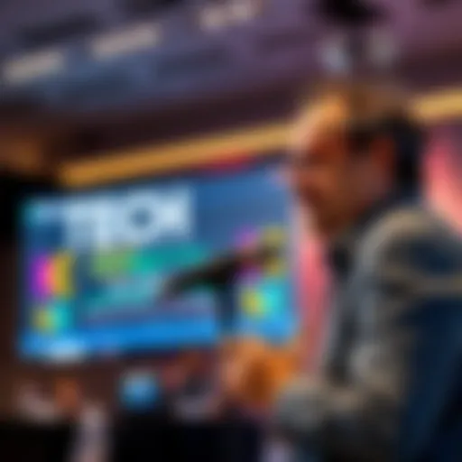 Bram Cohen speaking at a Tech Talk with a microphone and a screen showing tech updates