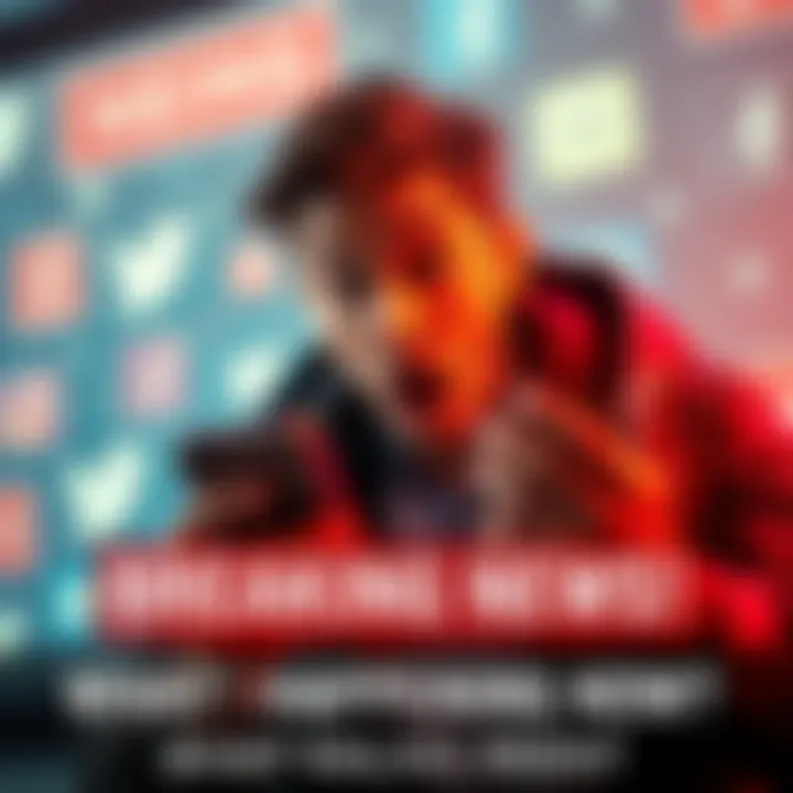 A person looking surprised while reading news on a phone with social media icons in the background
