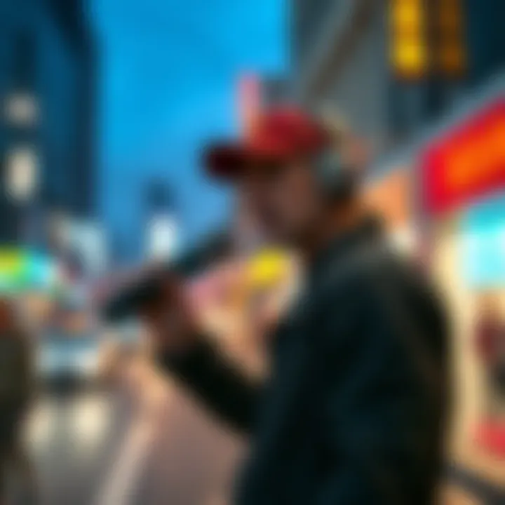 A journalist reporting live with a microphone on a busy street, capturing current events