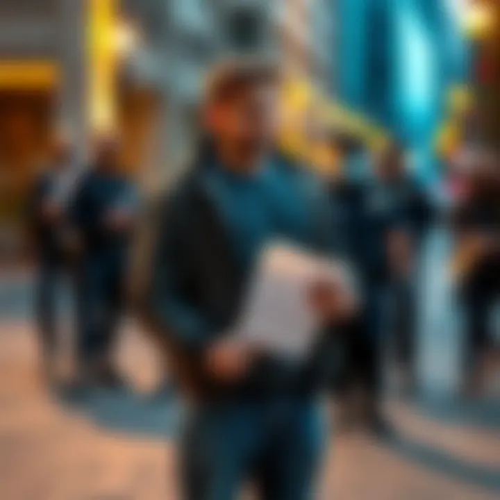 A person named Brian stands with legal papers in hand, looking concerned as a group of auditors and police officers are present nearby, indicating rising tension over First Amendment issues.