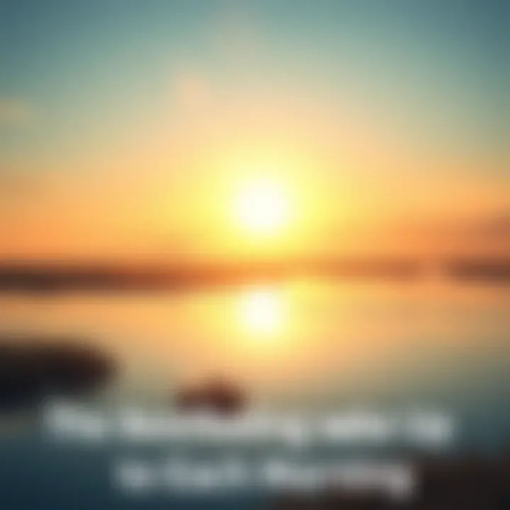 A peaceful morning scene with a bright sunrise illuminating the sky and reflecting on a tranquil lake, symbolizing a positive start to the day.
