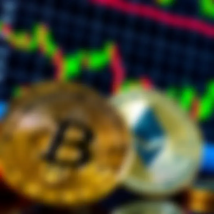 Close-up of Bitcoin and Ethereum coins in front of a fluctuating financial chart, symbolizing market volatility