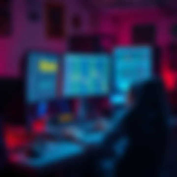 A person sitting at a computer, monitoring Bitcoin mining operations on Antpool with multiple screens displaying mining stats.